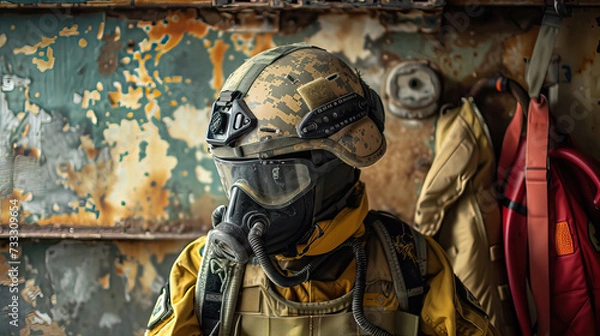 Fototapeta close up EOD technicians wearing protective gear, helmets, goggles to ensure safety on rustic grunge background with copy space for Explosive Ordnance Disposal day with copy space - AI Generated