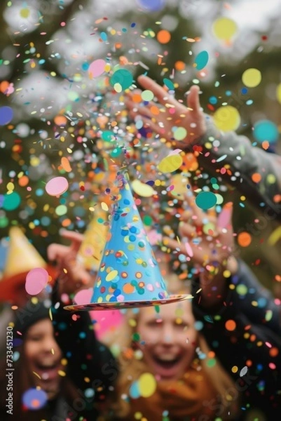 Fototapeta A joyful group of friends gathered around a sparkling christmas tree, celebrating with festive confetti and a party hat