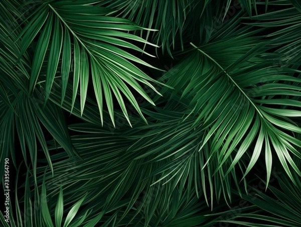 Fototapeta Dark Green Palm Tree Leaves Background. Generative AI