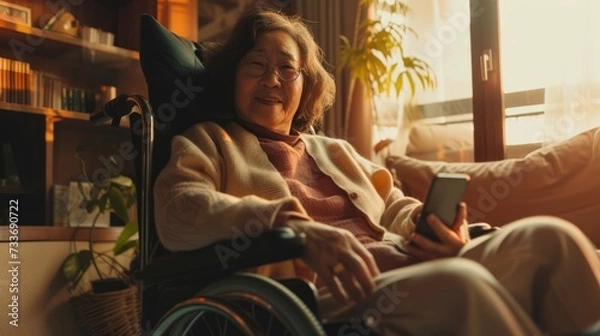 Fototapeta Portrait of smiling senior woman on wheelchair with smartphone at living home.