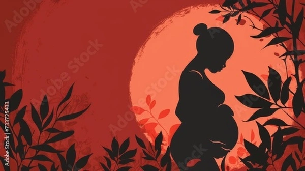 Fototapeta pregnant person is highlighted against a radiant, red-orange backdrop