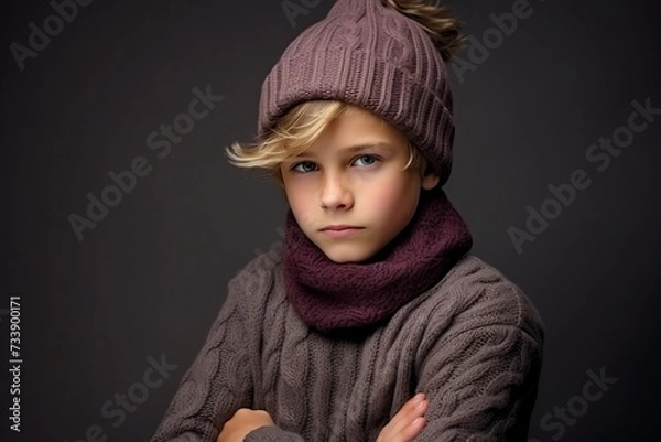 Fototapeta Portrait of a cute little girl in a warm knitted hat and scarf