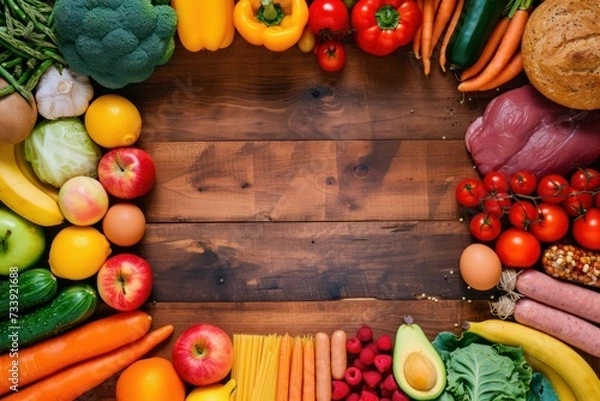 Obraz Top view of a frame made with various kinds of food types arranged in a rainbow gradient with copy space on a rustic wooden table. 