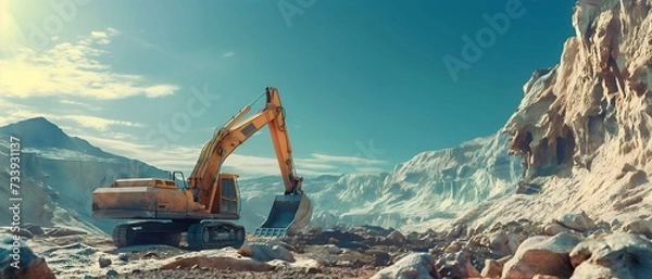 Fototapeta excavator loads the ground in the stone crusher machine during earthmoving works outdoors at mountains construction site. Creative Banner. Copyspace image 