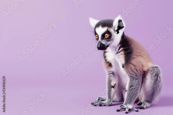 Fototapeta Cute lemur isolated on purple background. Adorable exotic pet. Funny animal portrait. Design for banner, poster, advertising with copy space