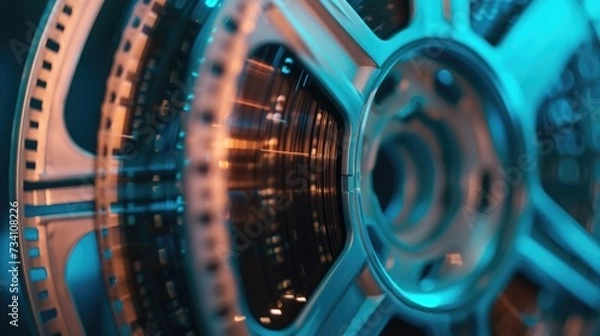 Fototapeta A detailed close up view of a machine's wheel. This image can be used to showcase industrial processes and technology