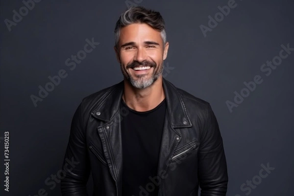 Fototapeta Portrait of a smiling mature man in leather jacket on grey background