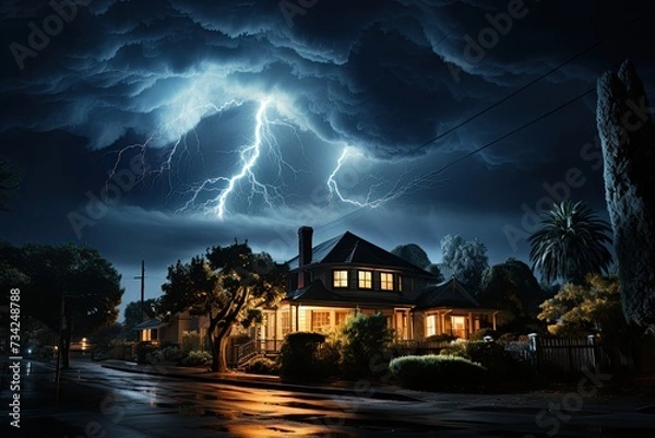 Fototapeta Twisted zinc roofs under intense storm., generative IA