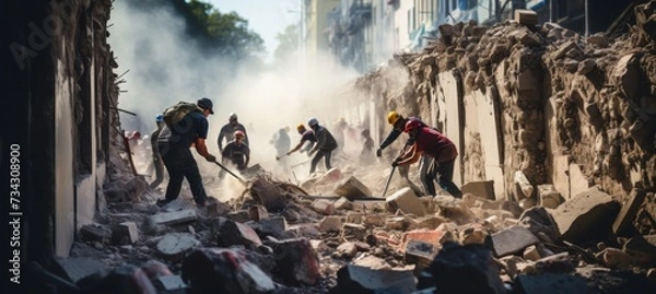 Fototapeta Construction workers demolishing wall at construction site, text space, renovation concept