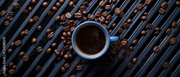 Obraz Top View of Fresh Brewed Coffee and Whole Beans