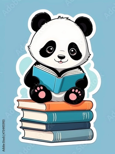 Fototapeta cute kawaii panda is sitting on a pile of books