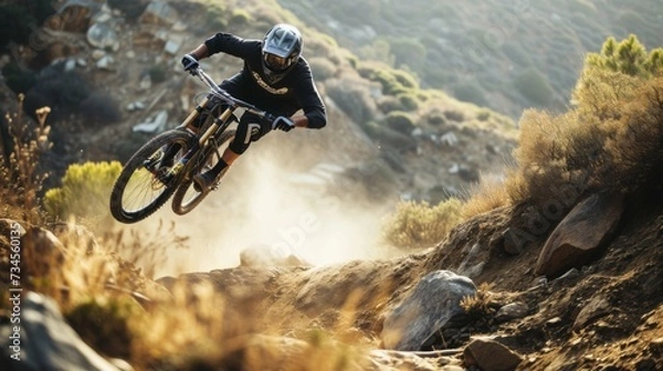 Fototapeta Cyclist Riding the Bike on Autumn Rocky Trail. Extreme Sport and Enduro Biking Concept