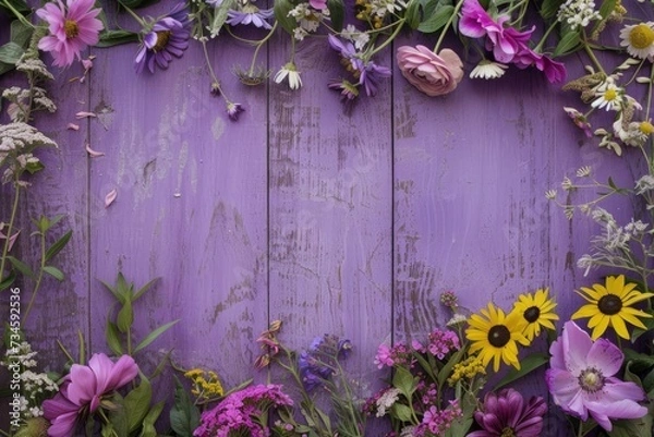 Fototapeta Beautiful flowers on purple vintage wooden plank background