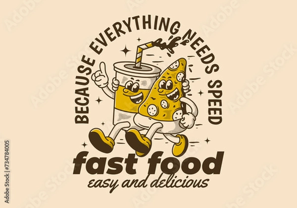 Obraz Fast food, easy and delicious. Character illustration of running pizza and soft drink