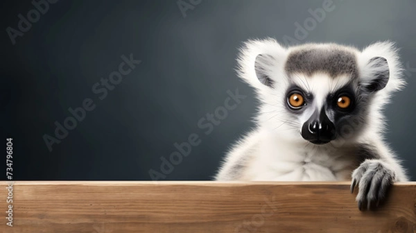 Fototapeta Portrait of a funny lemur with a blank banner. Copy-space