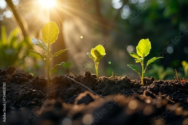 Fototapeta Three young plant seedlings growing in fertile soil