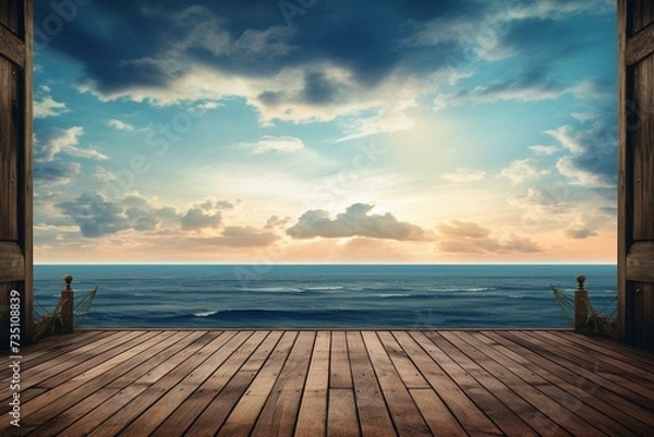 Fototapeta view of sky and ocean from a wooden berth. Generative AI