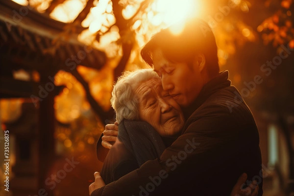 Fototapeta Gentle Sunset Embrace, Generational Bond of Grandmother and Grandson