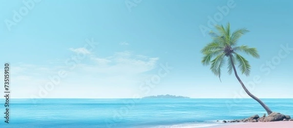 Fototapeta minimalistic landscape with lonely palm tree on the sea shore. Creative Banner. Copyspace image