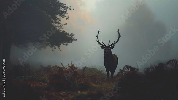 Fototapeta A lone stag silhouetted against a misty mystic woodland