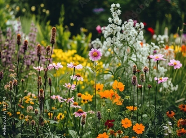 Fototapeta A vibrant garden of blooming flowers in various colors, bathed in sunlight.