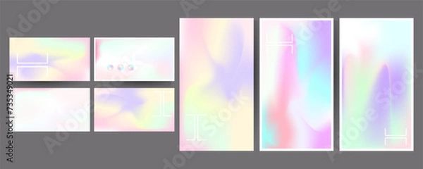 Obraz Gradient mesh cover set of backgrounds texture foil pearl shades. Abstract stylish gradient with holographic foil. 90s, 80s retro style