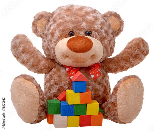 Fototapeta Teddy bear raising arms with tower