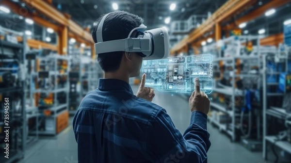 Obraz Engineer use augmented mixed virtual reality to education and training Smart technology futuristic in industry 4.0, maintenance and site design. Generative AI.