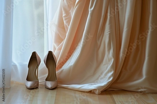 Fototapeta high heels beside a flowing satin prom dress