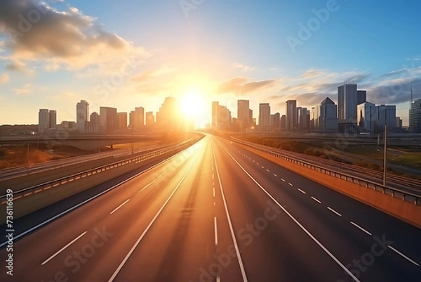 Obraz highway in shanghai at sunset with cityscape in background