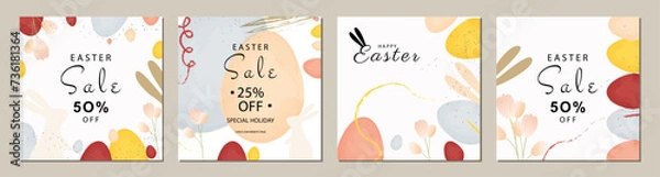 Fototapeta Happy Easter Set of Sale banners, greeting cards, posters, holiday covers. Trendy design with typography, eggs and bunny, in pastel colors. Modern art minimalist style