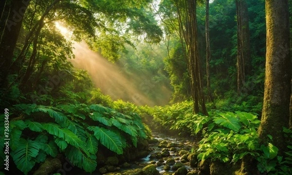 Fototapeta Hidden rain forest waterfall with lush foliage and mossy rocks, amazing nature