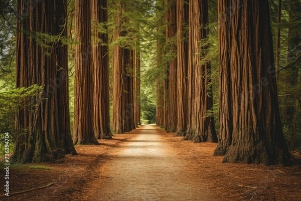 Fototapeta A picturesque, unpaved dirt road winding through a dense forest area, enclosed by towering trees, An alley of towering redwood trees in a coastal park, AI Generated