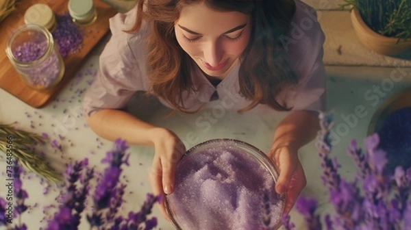 Fototapeta A woman making lavender bath salt by hand with lavender elements next to it, top view.