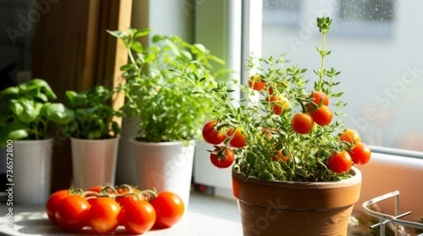 Fototapeta Vibrant indoor tomato plants in pots by a sunny window, with ripe red tomatoes ready to harvest, urban gardening