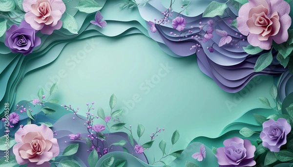 Fototapeta Beautiful Postcart with copy space. Frame of Paper Flowers and green leaves composition. Pastel mint lavender template background