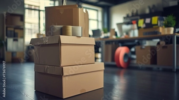 Fototapeta  Empty cardboard boxes and packing tape in office corner for employees packing up after layoffs