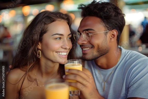 Fototapeta Intimate close-up of a couple sipping tropical beverages, exuding warmth and happiness