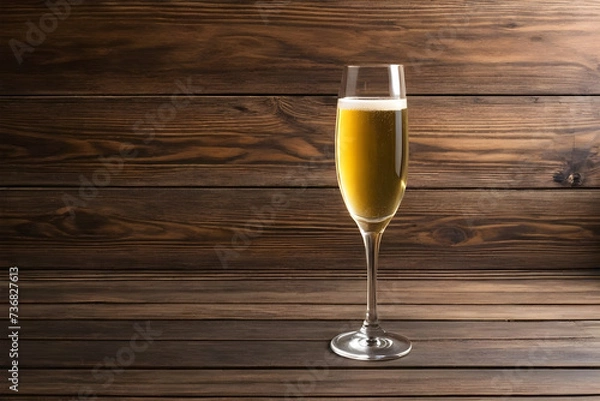 Fototapeta A champagne glass on a simple wooden background, Valentine's Day, Christmas. Generative AI