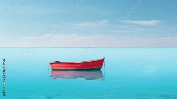 Obraz a red boat floating on top of a large body of water under a blue sky with wispy clouds.