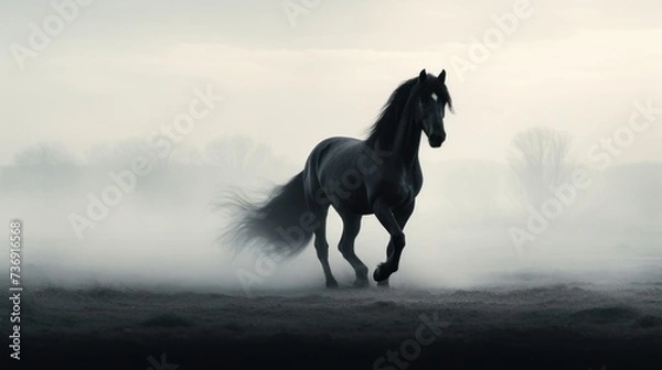 Fototapeta a black and white photo of a horse running through a field in the middle of a foggy day with trees in the background.