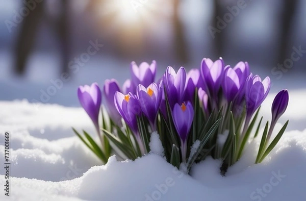 Fototapeta purple and white crocuses break through the snow close up. raindrops. snowdrops. first spring flowers