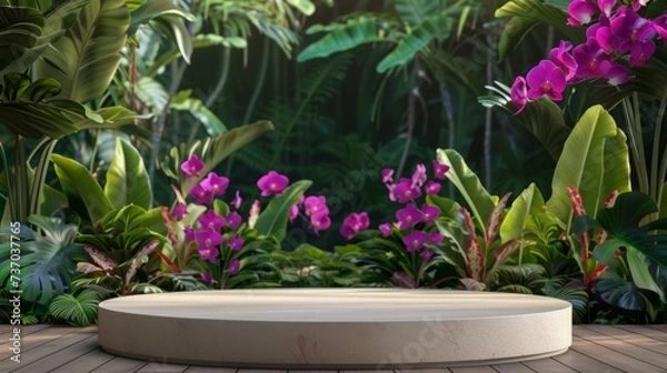 Fototapeta vibrant circle podium made of smooth white marble stands atop a reflective platform, surrounded by a sea of soft pink roses in full bloom