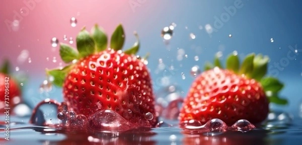 Fototapeta Pink fresh watery strawberries in water with splash and bubbles background, freshness happy summer pink fruit feminine background