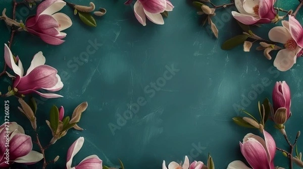 Fototapeta Border frame with magnolia flowers top view on turquoise background with free copy space in center, template for greeting card