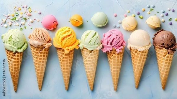 Fototapeta Assorted ice cream cones with vibrant flavors against a pastel blue background