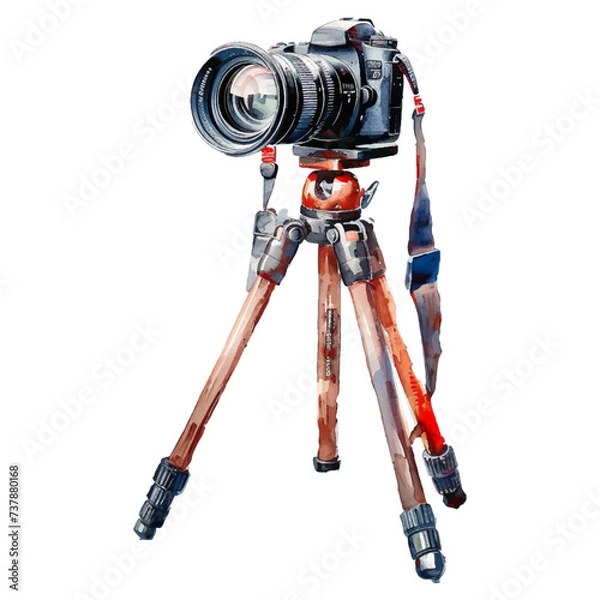 Fototapeta Watercolor tripod camera on white background