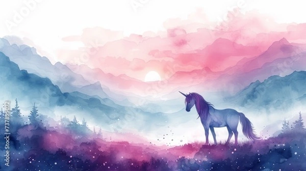 Fototapeta Cartoon magic style, cute pastel watercolor illustration of unicorn background. Cute horse