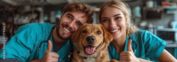 Fototapeta veterinarian doctors with dogs Smiling - Attractive Female and Male Veterinarian Doctors with Small dogs Isolated on a White Background.Ai
