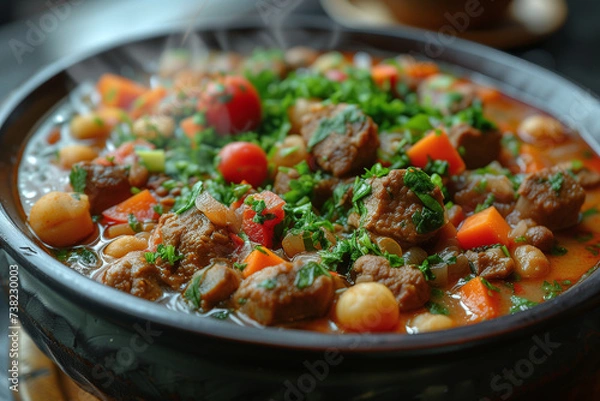 Fototapeta A Rustic and Flavorful Meal Featuring Succulent Beef, Fresh Vegetables, and Aromatic Herbs. A Wholesome Dinner Delight with a Savory Tomato-Based Sauce, Perfect for a Satisfying Lunch or Dinner